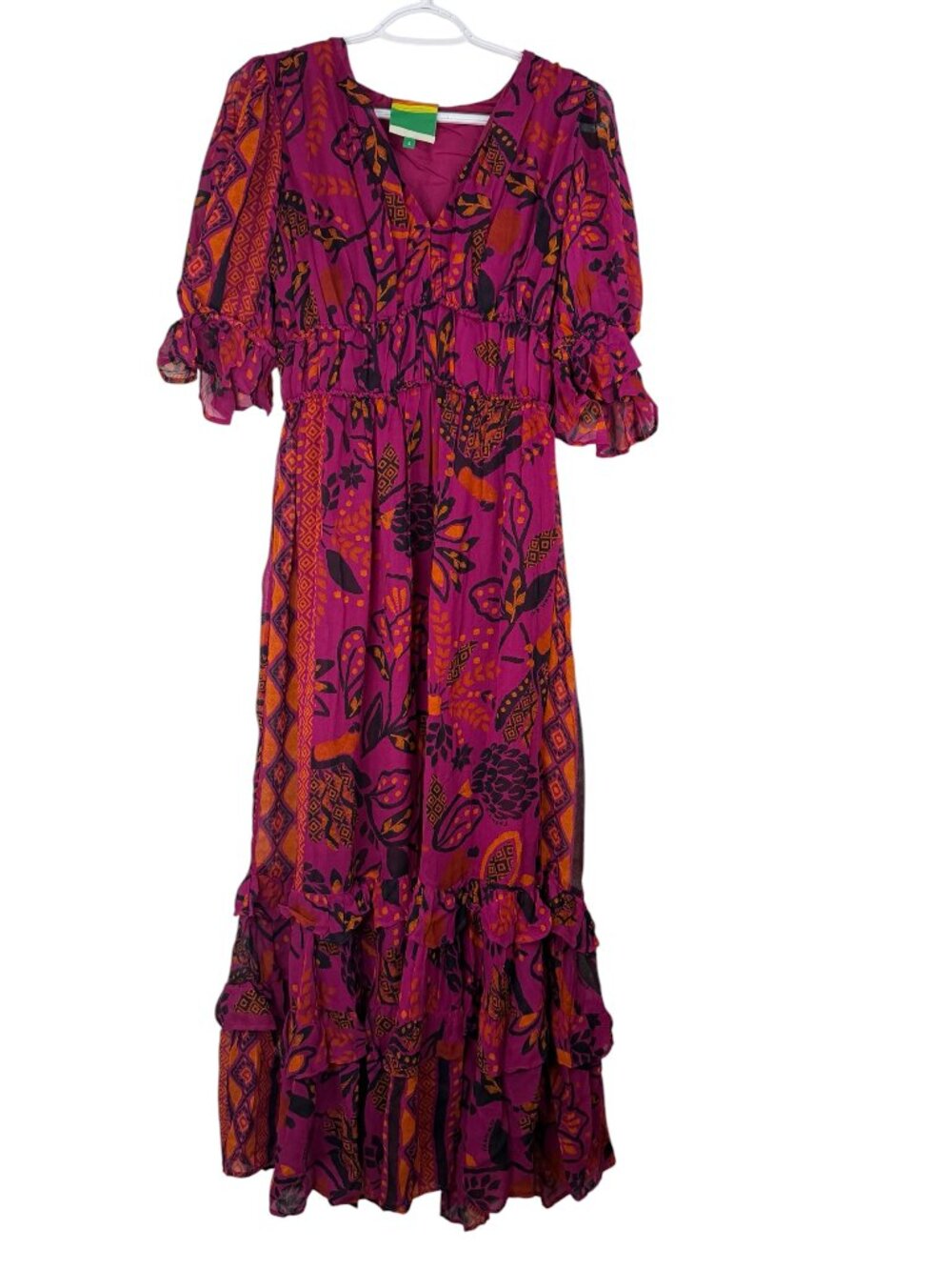 NWOT FARM Rio/Anthropologie Printed Ruffle Maxi Dress - S- Magenta- MSRP $325